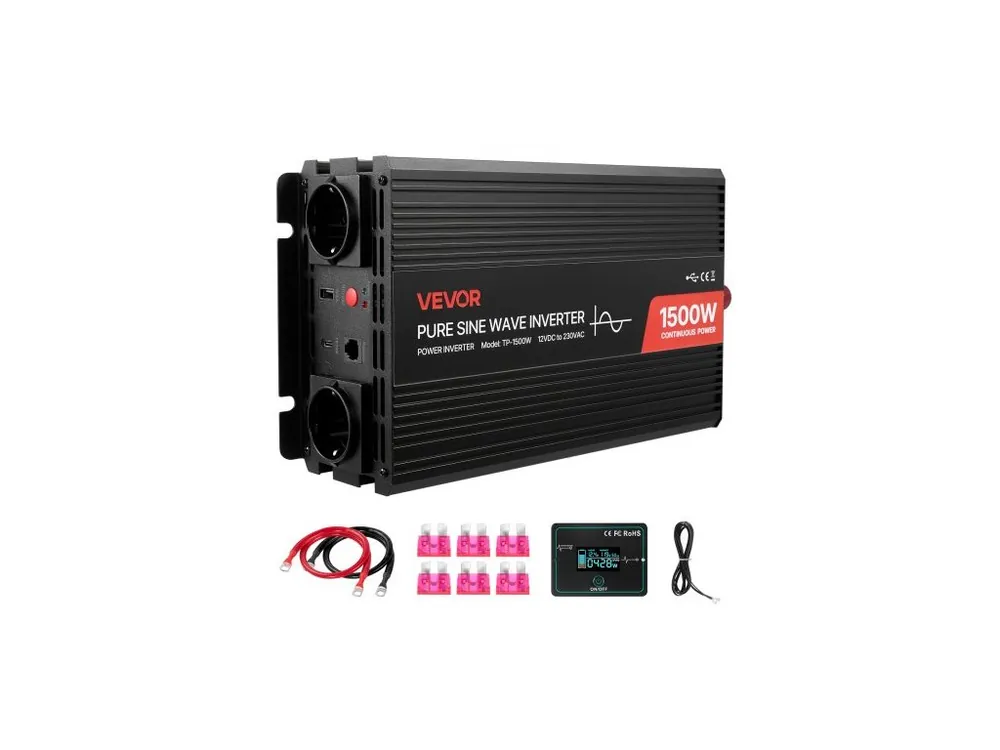 Zlevněný Měnič 1500W, měnič z 12V DC na 230V AC s čistou sinusoidou, nabíječka do auta s dálkovým ovládáním, porty USB a typu C, 2 AC zásuvky, rychlé nabíjení pro karavany, nákladní vozy, venkovní kempování