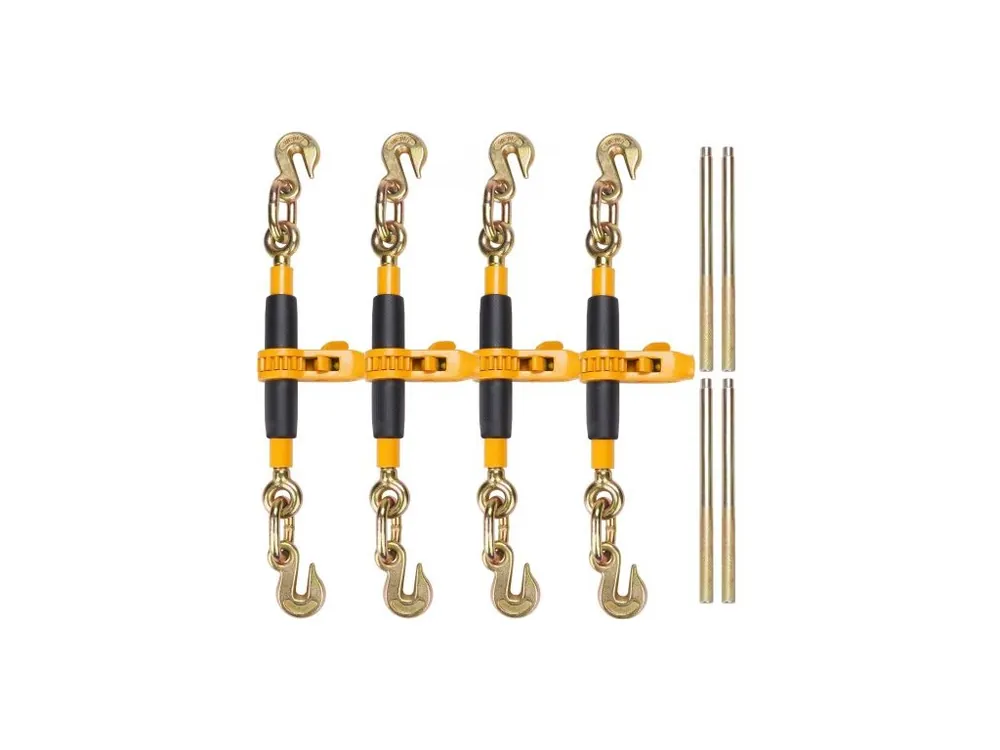 Výprodej Řetězový pojistný kroužek s ráčnou, 3/8"-1/2" pro vysoké zatížení, s háky G80, bezpečný limit zatížení 12000 liber, protiskluzová rukojeť, upevňovací řetězové pojistné kroužky pro plošinový přívěs, 4dílná sada