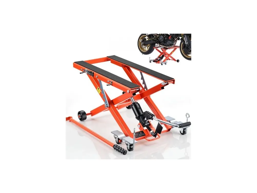 Hydraulický zvedák pro motocykly, nosnost 499 kg, nůžkový zvedák, přenosný stojan pro motocykly se 6 koly, výškový rozsah 120–385 mm, hydraulický nožně ovládaný stojan pro terénní motorky Nakupujte Hned