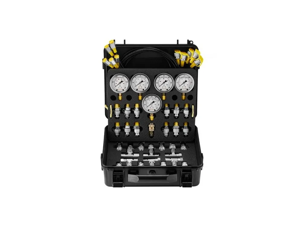 Víkendová Akce Sada pro hydraulickou tlakovou zkoušku , 10/100/250/400/600 barů, 5 manometrů, 13 spojek, 14 T-kusů, 5 zkušebních hadic, sada hydraulických manometrů pro bagry s přepravním pouzdrem pro bagry, traktory a další stroje