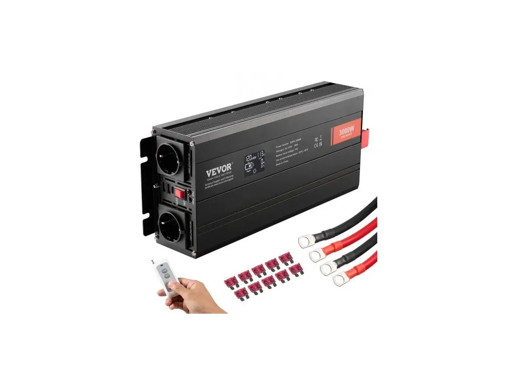 Měnič s čistou sinusovou vlnou, 3000 W, DC 12 V na AC 230 V, se 2 AC zásuvkami, 2 USB porty, 1 portem typu C, LCD displejem a dálkovým ovladačem pro velké domácí spotřebiče, certifikace CE FCC Cenový Hit