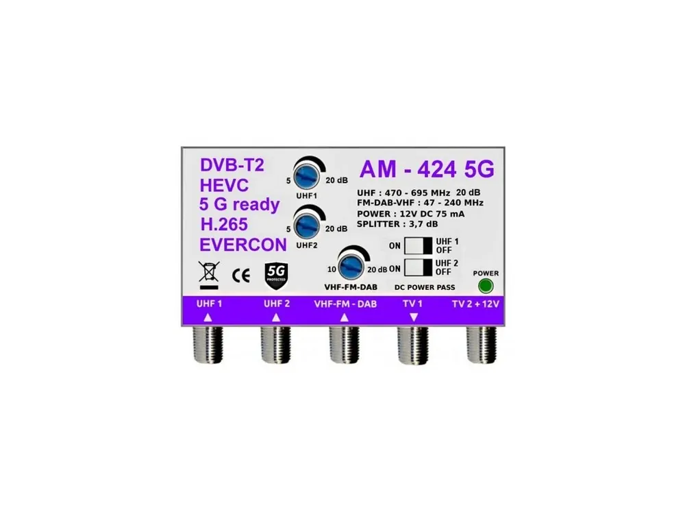 Anténní zesilovač EVERCON AM-424 5G 20dB 2TV Oblíbený