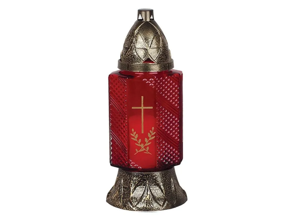 Nová Kolekce Kahan Grave, červené sklo, s křížem, měděný, 24cm, 80g, 28h