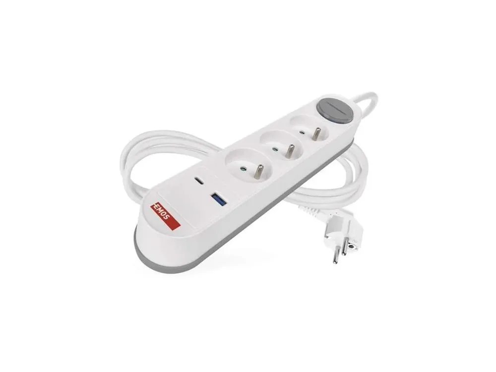 Vrácení Zdarma Prodlužovací přívod 3 zásuvky 2m EMOS P1312FC USB s vypínačem