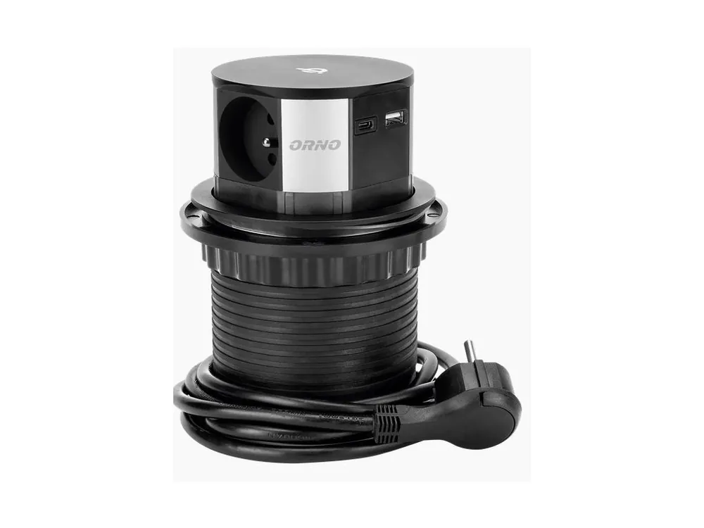 Zapuštěný blok zásuvek 3x2P+E s indukční a USB nabíječkou, Qi 1.2.4 max.10W, 2xUSB QC 3.0, O10 cm, kabel 1.5m Speciální Cena