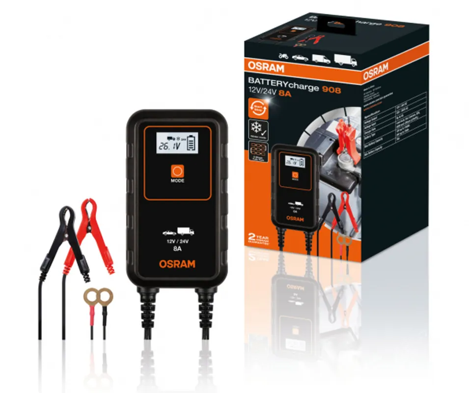 Inteligentní nabíječka baterií 12/24V 4/8A charge 908 - Osram Vysoce Kvalitní
