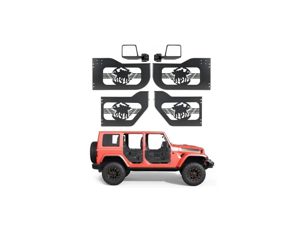 Trubkové dveře Jeep, 4dveřové, vhodné pro vozy Jeep Wrangler JL 2018-2026 a Gladiator JT 2020-2026, terénní přední a zadní trubkové poloviční dveře s vojenským vzorem, bočními zrcátky s certifikací DOT a gumovými podložkami Vylepšená viditelnost Akční Nabídka