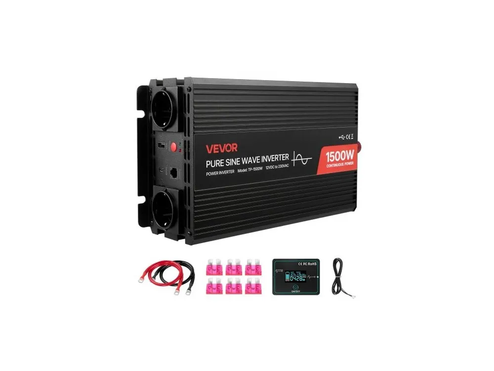 Přímo Od Výrobce Měnič 1500W, měnič z 12V DC na 230V AC s čistou sinusoidou, nabíječka do auta s dálkovým ovládáním, porty USB a typu C, 2 AC zásuvky, rychlé nabíjení pro karavany, nákladní vozy, venkovní kempování