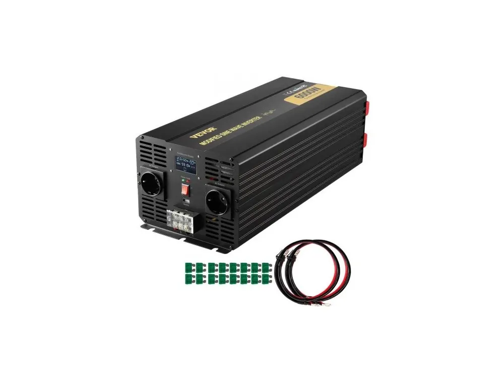 Měnič , 6000W, modifikovaný sinusový měnič DC 12V na AC 230V do auta s LCD displejem, dálkovým ovladačem, LED indikátory, zásuvky EU, měnič, pro auto, obytný vůz, nákladní vůz, loď, cestování, kempování Akční Cena