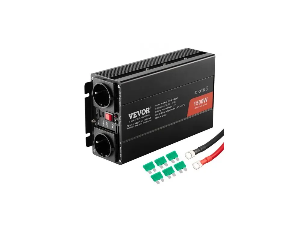 Modifikovaný sinusový měnič, 1500 W, DC 12 V na AC 230 V měnič se 2 AC zásuvkami, 2 USB porty, 1 port typu C, 6 náhradních pojistek, pro malá domácí zařízení, jako jsou chytré telefony, notebooky, certifikace CE FCC Nejprodávanější