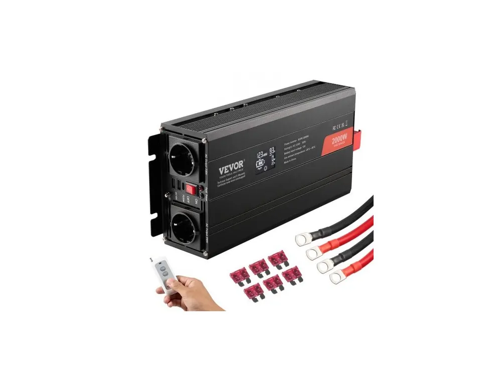Měnič s čistou sinusovou vlnou, 2000 W, DC 12 V na AC 230 V, se 2 AC zásuvkami, 2 USB porty, 1 portem typu C, LCD displejem a dálkovým ovladačem pro středně velké domácí spotřebiče, CE FCC Nejlepší Cena